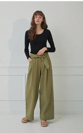 High-Waisted Wide-Leg Linen Pants with Front Tie Belt and Back Patch Pockets