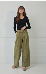 High-Waisted Wide-Leg Linen Pants with Front Tie Belt and Back Patch Pockets