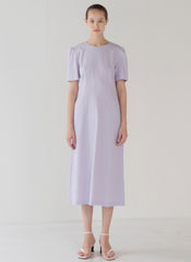 Minimalist Linen Midi Dress with Puff Shoulder Detail and Soft A-Line Silhouette