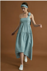 Asymmetric Tiered Linen Dress with Shoulder Tie Detail