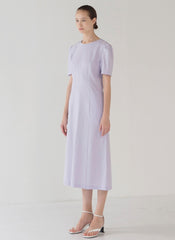 Minimalist Linen Midi Dress with Puff Shoulder Detail and Soft A-Line Silhouette