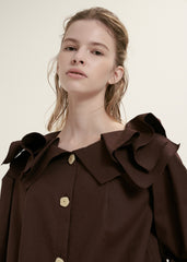 Elegant Ruffle-Collar Linen Blouse With Statement Buttons And Relaxed Tailored Silhouette