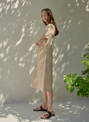 Elegant Short Sleeve Linen Dress With Natural Drape And Defined Waistline For Women