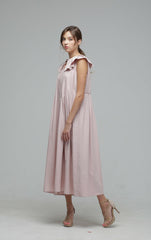 Sleeveless Cotton Poplin Midi Dress with Ruffle Collar and Pleated Waist Belt Detail