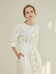 Linen Midi Dress with Front Button Closure, Fitted Waist and 3/4 Sleeves for Everyday Elegance
