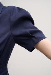 Linen Button-Down Midi Dress with Belted Waist, Puff Sleeves, and Notched Lapel Collar