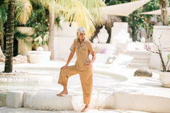 Linen Utility Jumpsuit with Short Sleeves and Tailored Collared Design