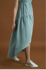 Asymmetric Tiered Linen Dress with Shoulder Tie Detail