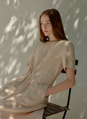 Elegant Short Sleeve Linen Dress With Natural Drape And Defined Waistline For Women