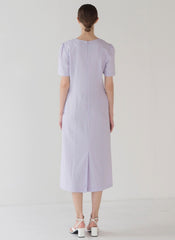Minimalist Linen Midi Dress with Puff Shoulder Detail and Soft A-Line Silhouette