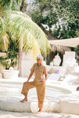 Linen Utility Jumpsuit with Short Sleeves and Tailored Collared Design