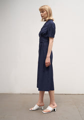 Linen Button-Down Midi Dress with Belted Waist, Puff Sleeves, and Notched Lapel Collar