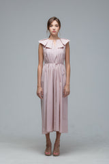 Sleeveless Cotton Poplin Midi Dress with Ruffle Collar and Pleated Waist Belt Detail