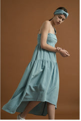 Asymmetric Tiered Linen Dress with Shoulder Tie Detail
