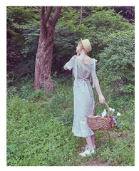 Pleated Cold-Shoulder Linen Dress with Bow Strap and Midi Hemline