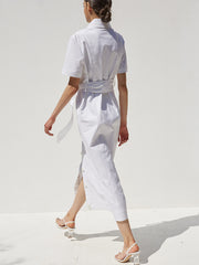 Short Sleeve Button-Down Linen Midi Dress with Belted Waist and Oversized Collar Detail