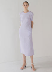 Minimalist Linen Midi Dress with Puff Shoulder Detail and Soft A-Line Silhouette