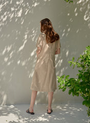 Elegant Short Sleeve Linen Dress With Natural Drape And Defined Waistline For Women