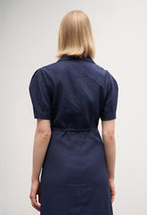 Linen Button-Down Midi Dress with Belted Waist, Puff Sleeves, and Notched Lapel Collar