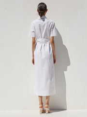 Short Sleeve Button-Down Linen Midi Dress with Belted Waist and Oversized Collar Detail