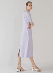 Minimalist Linen Midi Dress with Puff Shoulder Detail and Soft A-Line Silhouette