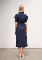 Linen Button-Down Midi Dress with Belted Waist, Puff Sleeves, and Notched Lapel Collar