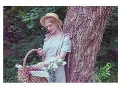 Pleated Cold-Shoulder Linen Dress with Bow Strap and Midi Hemline