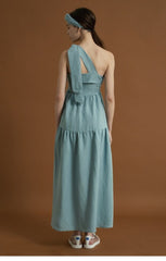 Asymmetric Tiered Linen Dress with Shoulder Tie Detail