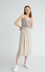 Elegant A-Line Linen Skirt with Front Pleats and Midi Length for Effortless Everyday Styling