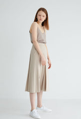 Elegant A-Line Linen Skirt with Front Pleats and Midi Length for Effortless Everyday Styling