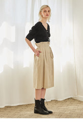 High-Waisted Pleated Linen Skirt With Belted Paperbag Waist