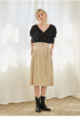 Relaxed-Fit Linen Blouse With Wide Neckline And Puff Half Sleeves