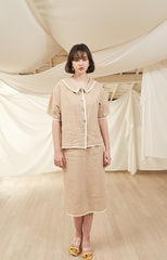 High-Waisted Button-Front Linen Midi Skirt with Contrast Piping Trim