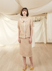 High-Waisted Button-Front Linen Midi Skirt with Contrast Piping Trim