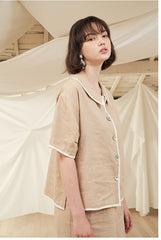 High-Waisted Button-Front Linen Midi Skirt with Contrast Piping Trim