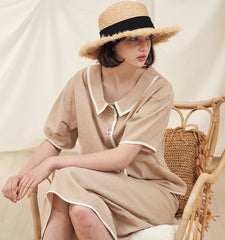 High-Waisted Button-Front Linen Midi Skirt with Contrast Piping Trim