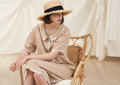 High-Waisted Button-Front Linen Midi Skirt with Contrast Piping Trim