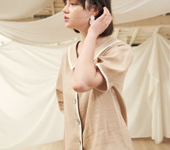 High-Waisted Button-Front Linen Midi Skirt with Contrast Piping Trim