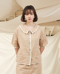 High-Waisted Button-Front Linen Midi Skirt with Contrast Piping Trim