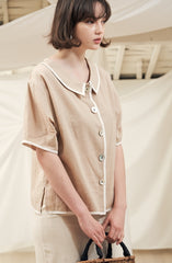 High-Waisted Button-Front Linen Midi Skirt with Contrast Piping Trim