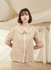 High-Waisted Button-Front Linen Midi Skirt with Contrast Piping Trim