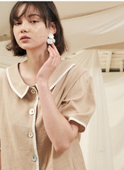 High-Waisted Button-Front Linen Midi Skirt with Contrast Piping Trim