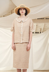 High-Waisted Button-Front Linen Midi Skirt with Contrast Piping Trim