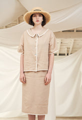 High-Waisted Button-Front Linen Midi Skirt with Contrast Piping Trim