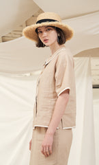 High-Waisted Button-Front Linen Midi Skirt with Contrast Piping Trim