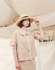 High-Waisted Button-Front Linen Midi Skirt with Contrast Piping Trim