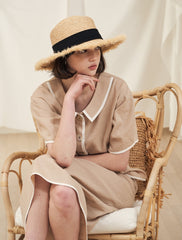 High-Waisted Button-Front Linen Midi Skirt with Contrast Piping Trim