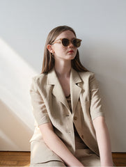 Short-Sleeve Tailored Linen Blazer with Classic Notch Lapel