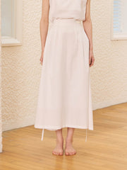 High-Waisted Linen Midi Skirt With Waist Belt And Pleated Front Panel