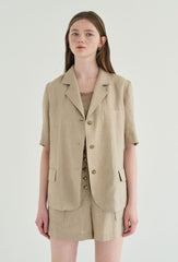 Short-Sleeve Tailored Linen Blazer with Classic Notch Lapel